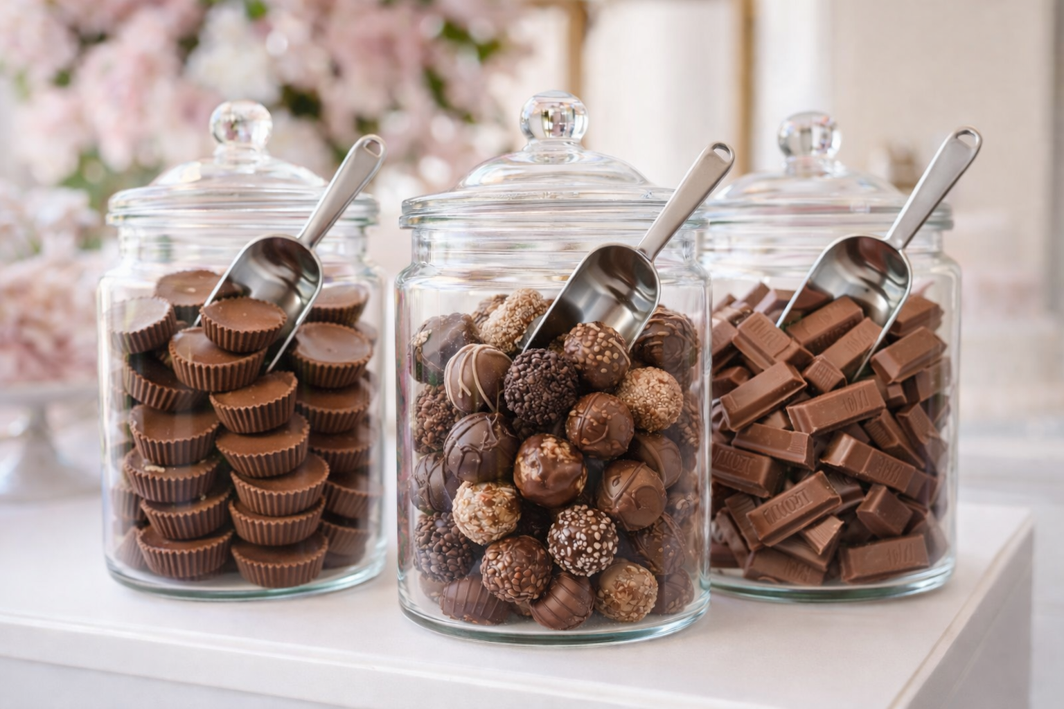 Luxury glass jars with Reese's cups, chocolate truffles, and KitKat pieces