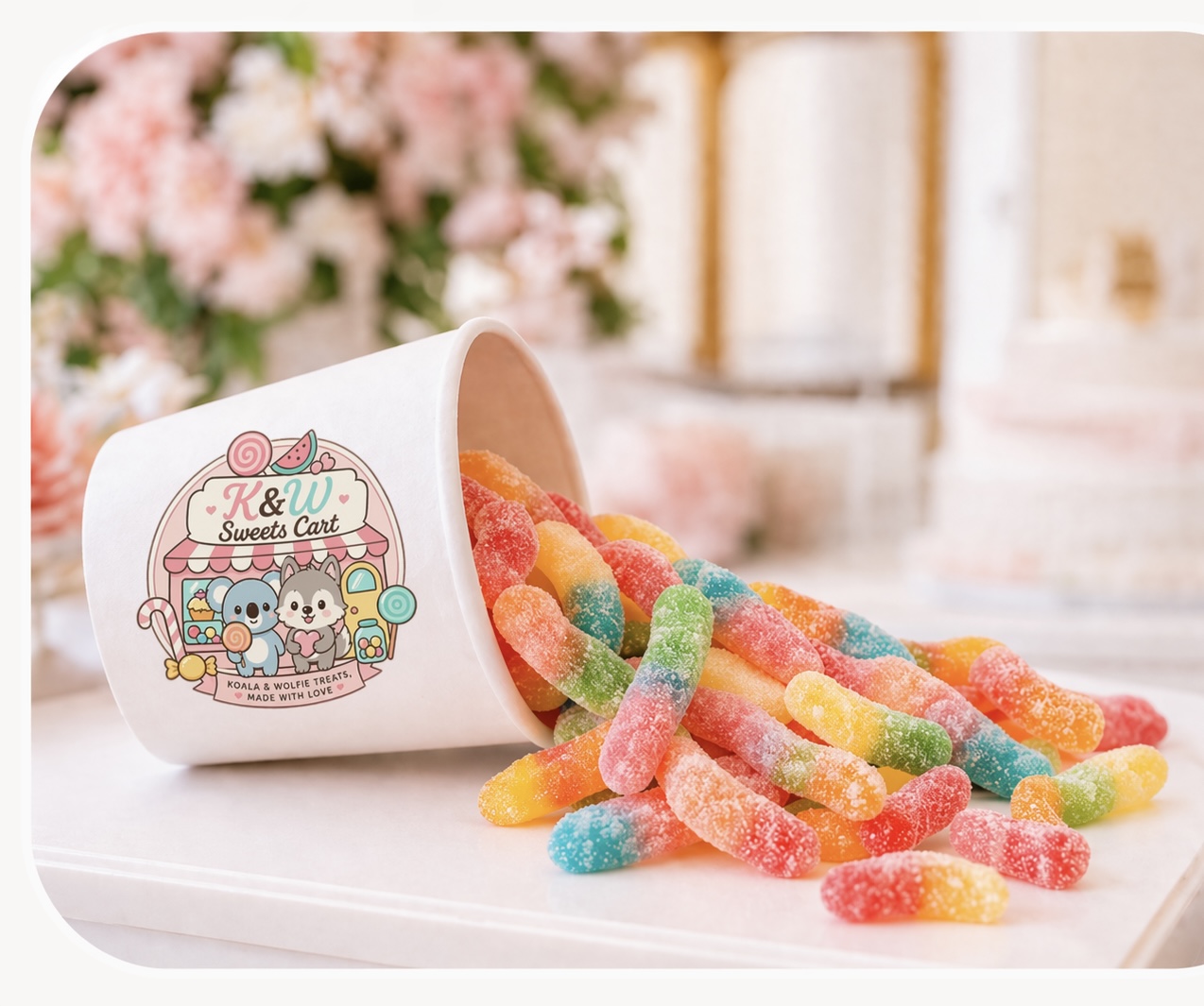 Branded K&W Sweets Cart cup with koala and wolfie logo spilling colorful gummy worms