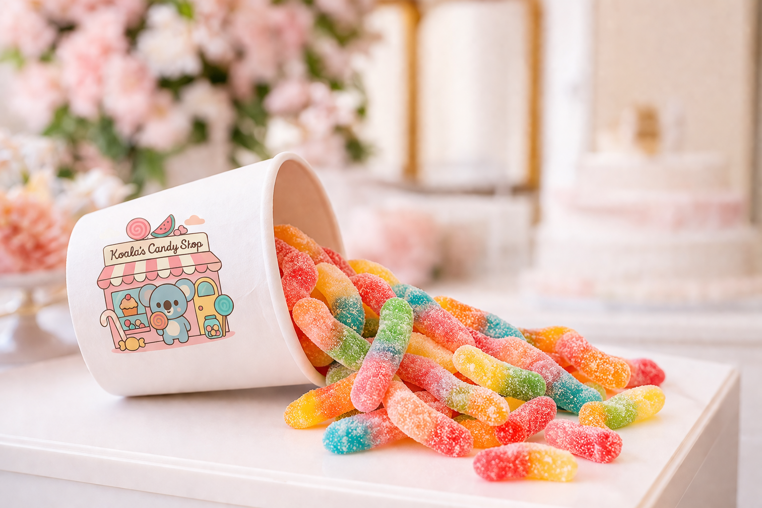 Branded K&W Sweets Cart cup spilling colorful gummy worms